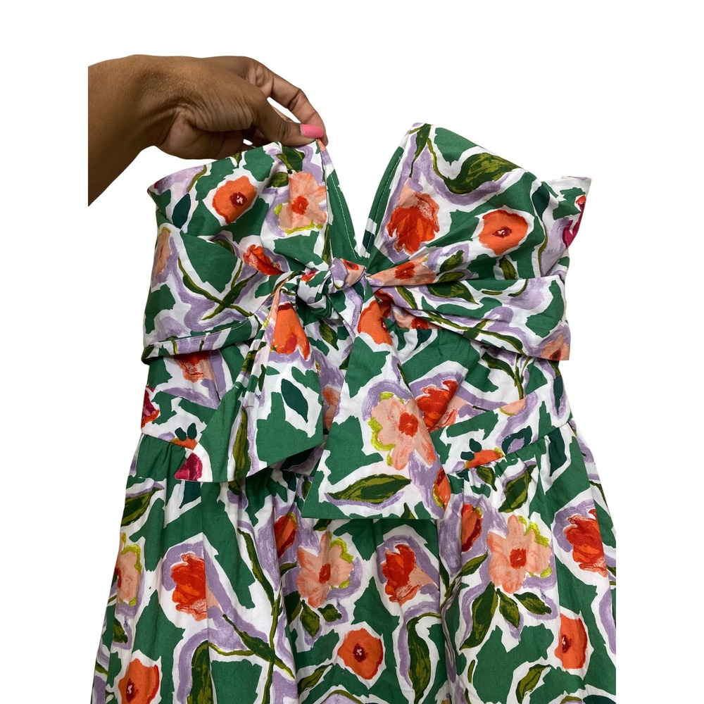 English Factory Green Floral Strapless Bow Mini Dress Size M Painterly Print